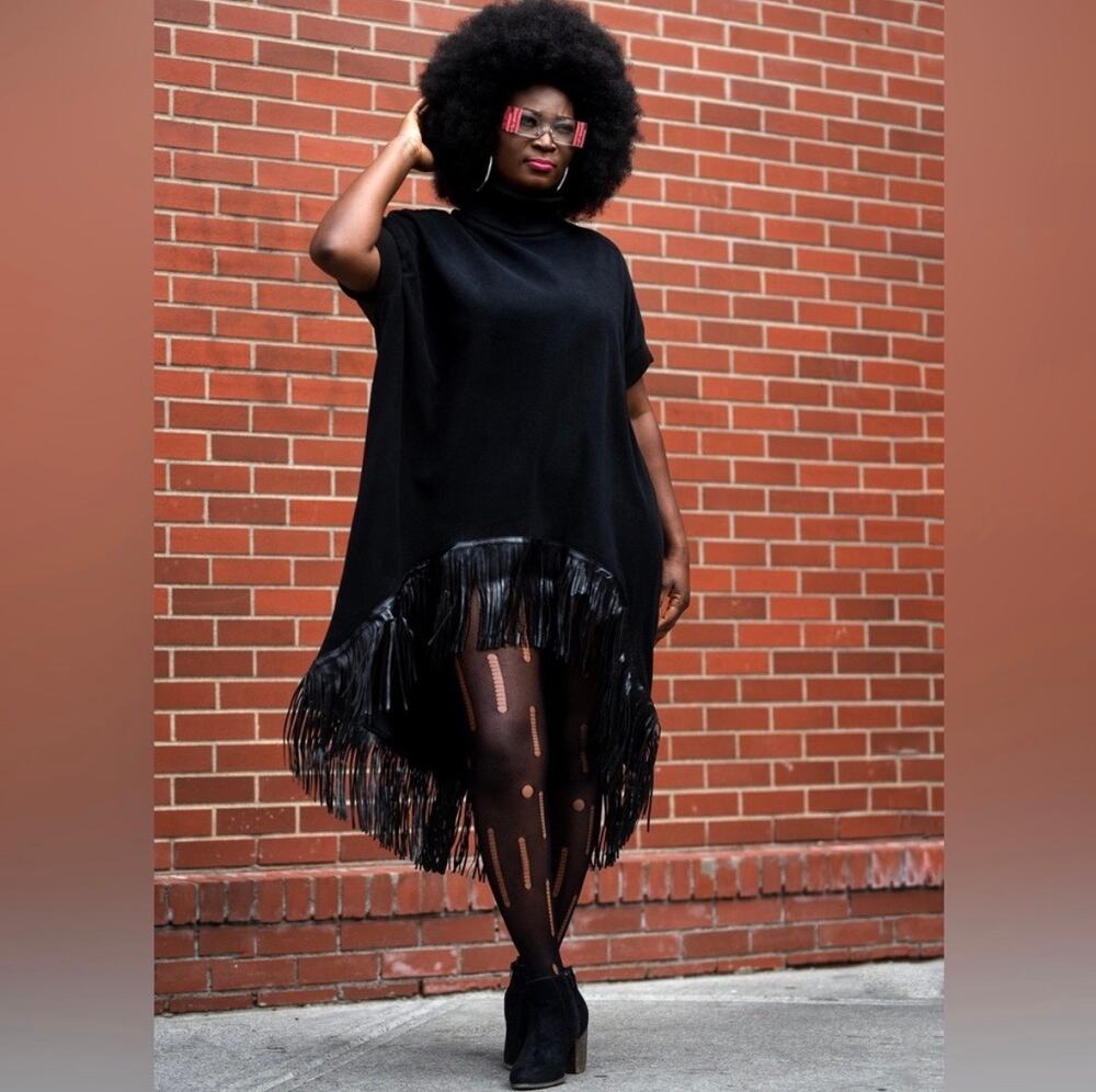 NWT Kate Hewko Fringe High Low Tunic Dress OS Black Relaxed Turtleneck Goth